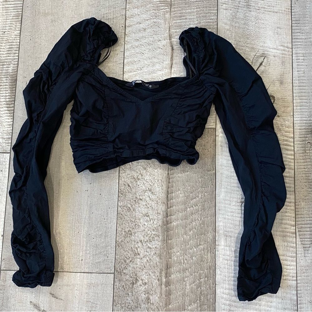 Zara Womens Crop Top Black Long Sleeve Puff Sweetheart Neck Ruched Stret…